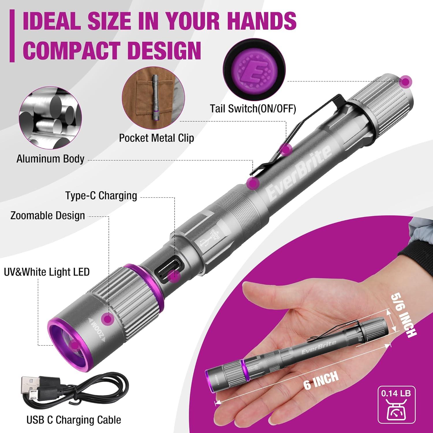image:imageEverBrite Rechargeable Pen Flashlight with UV Light and White Light 395nm Black Flashlight with Clip Zoomable 4 Modes with Memory Function USB C Cable for Camping Emergency Pet Urine DetectionGray