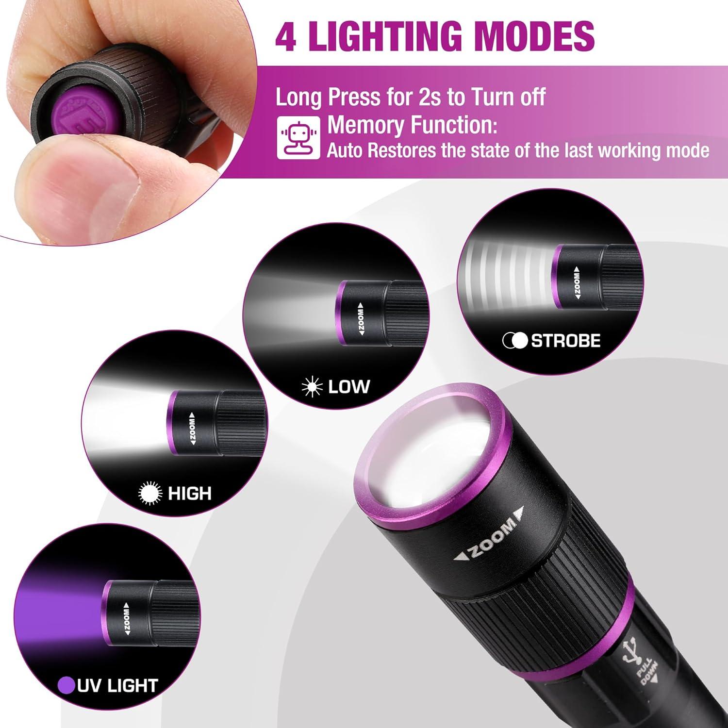 image:imageEverBrite Rechargeable Pen Flashlight with UV Light and White Light 395nm Black Flashlight with Clip Zoomable 4 Modes with Memory Function USB C Cable for Camping Emergency Pet Urine DetectionBlack