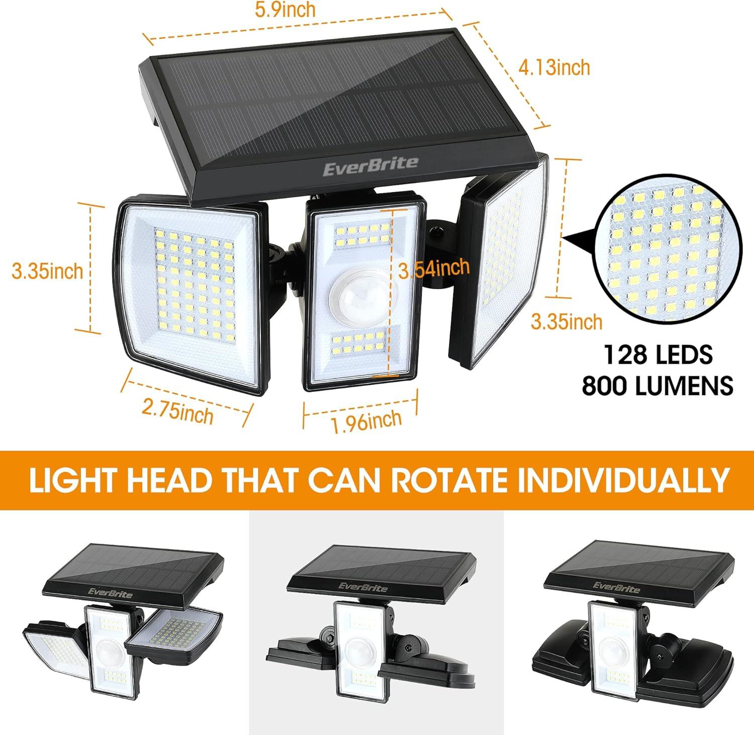 image:imageEverBrite Solar Outdoor Lights 128 LED 7000K Solar Motion Sensor Lights 3 Heads Security LED Flood Light 270 Wide Lighting IP65 Waterproof Wall Light for Yard Patio Garden Pathway Porch