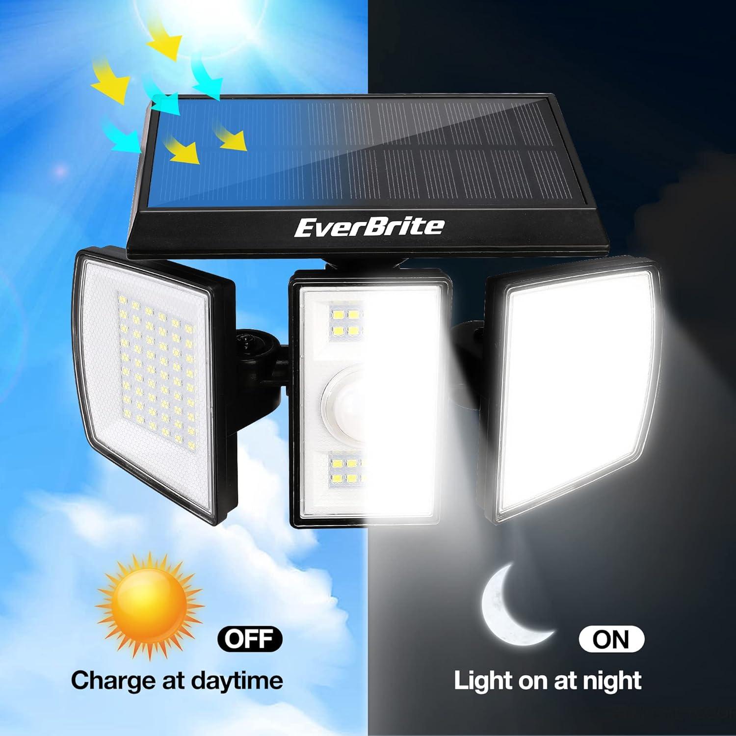 image:imageEverBrite Solar Outdoor Lights 128 LED 7000K Solar Motion Sensor Lights 3 Heads Security LED Flood Light 270 Wide Lighting IP65 Waterproof Wall Light for Yard Patio Garden Pathway Porch