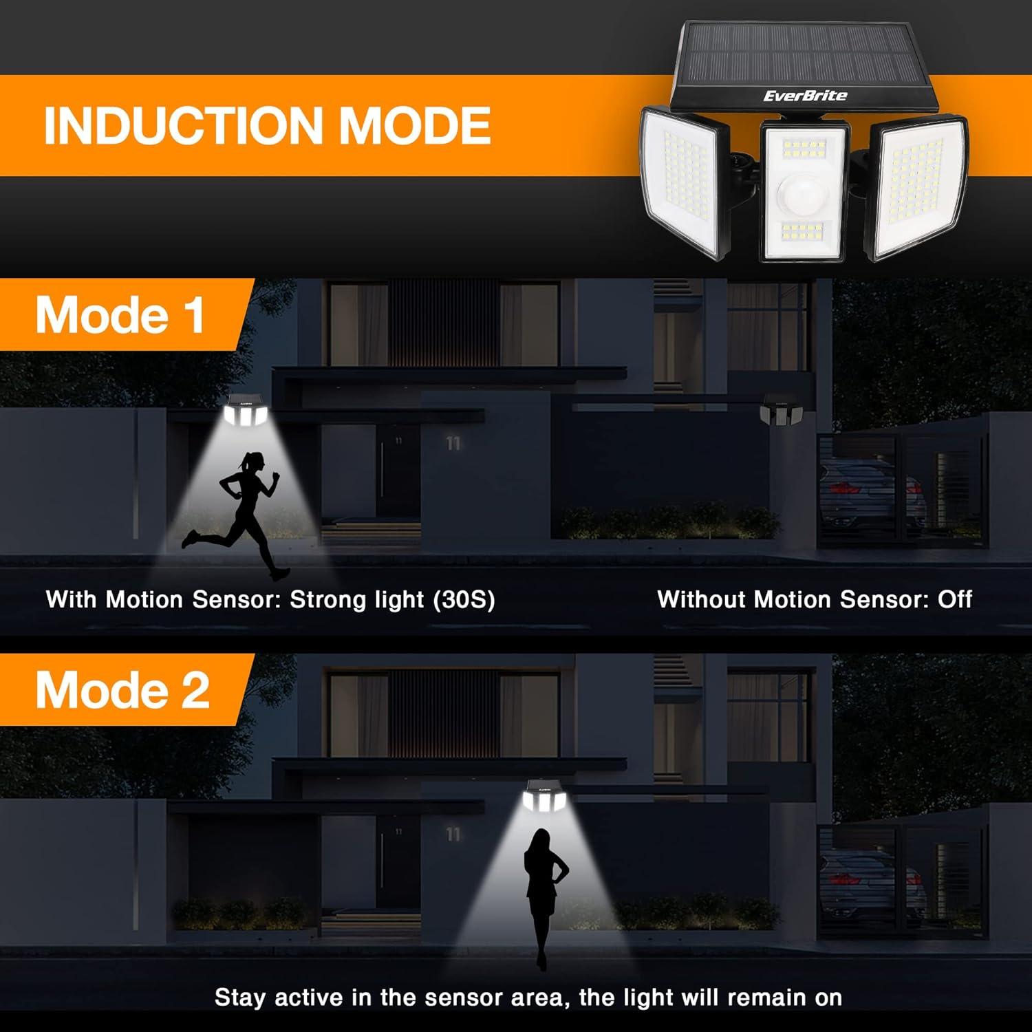 image:imageEverBrite Solar Outdoor Lights 128 LED 7000K Solar Motion Sensor Lights 3 Heads Security LED Flood Light 270 Wide Lighting IP65 Waterproof Wall Light for Yard Patio Garden Pathway Porch