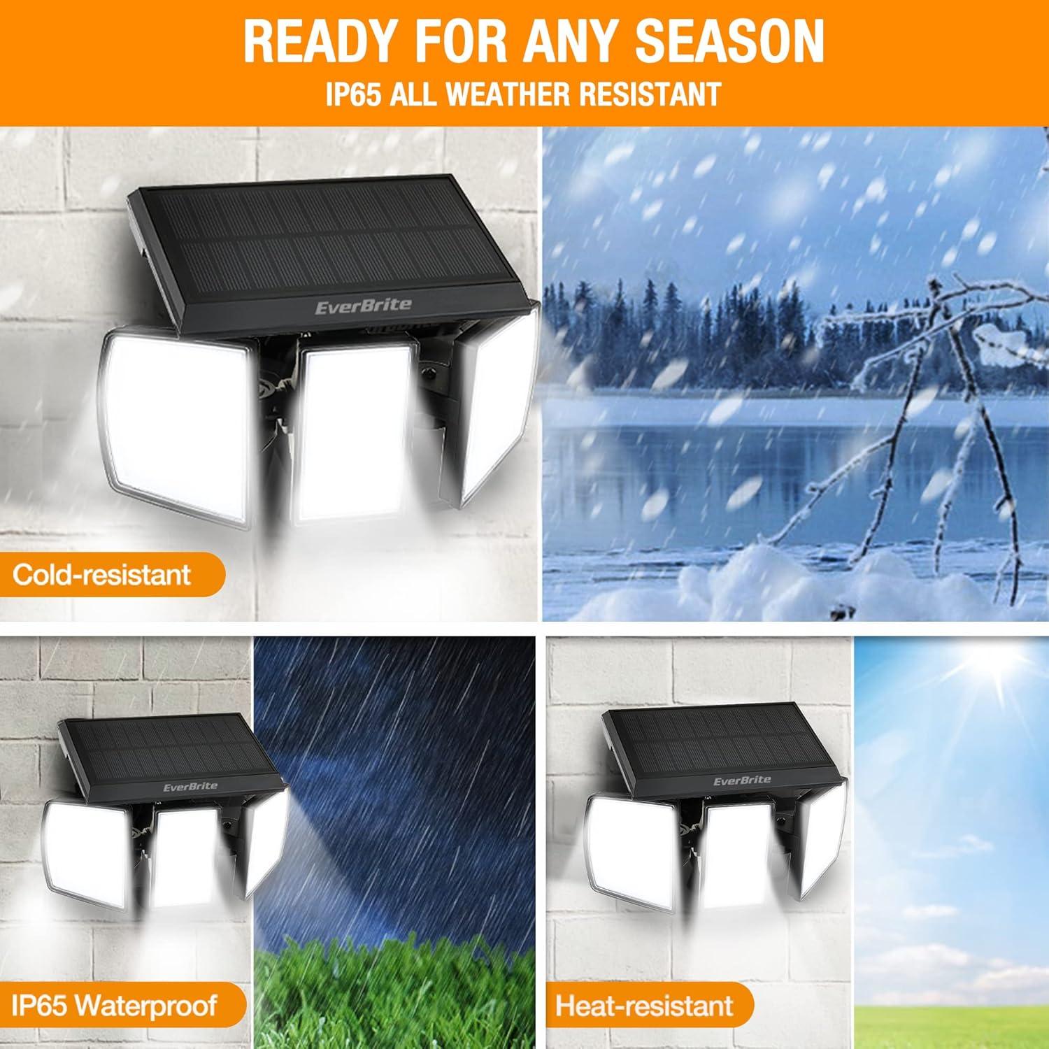 image:imageEverBrite Solar Outdoor Lights 128 LED 7000K Solar Motion Sensor Lights 3 Heads Security LED Flood Light 270 Wide Lighting IP65 Waterproof Wall Light for Yard Patio Garden Pathway Porch