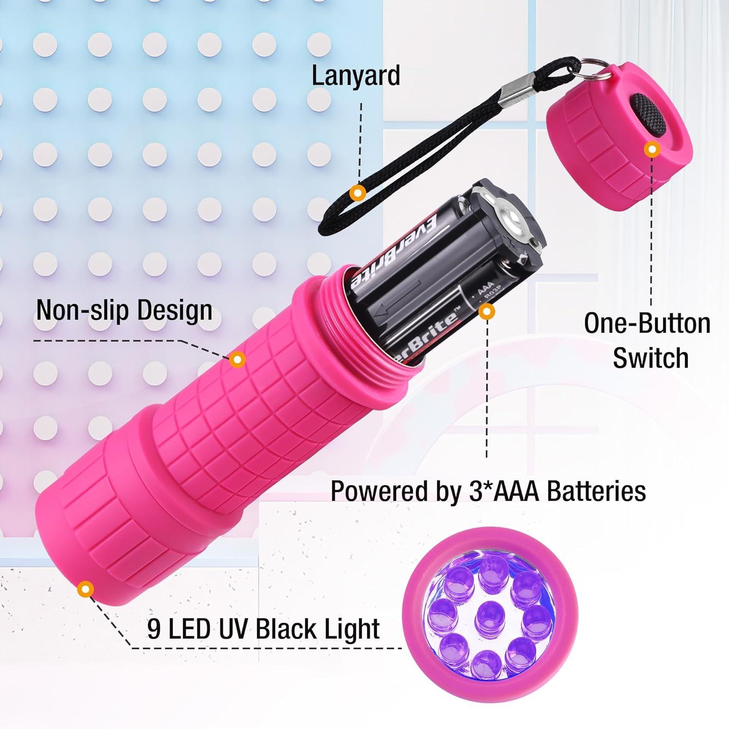 image:imageEverBrite UV Blacklight Flashlights 3Pack Set 9 LEDs 395nm Mini Black Light for Neon Glow Art Class Teaching Scorpions Pets Stains Urine 9 AAA Batteries IncludedE007125 UV Light 3Pack
