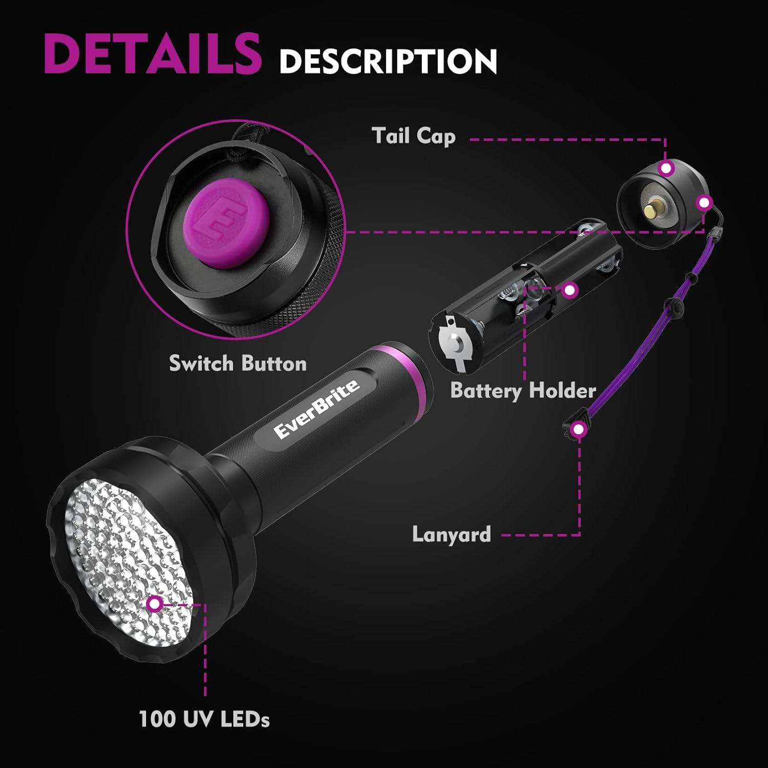 image:imageEverBrite UV Flashlight 100 LED Blacklight Flashlights 395nm Black Light Flashlight for Pet Urine Detection Scorpions Dry Stains Bed Bug Batteries Included
