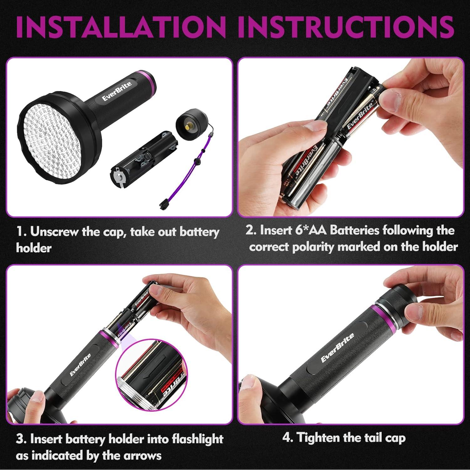 image:imageEverBrite UV Flashlight 100 LED Blacklight Flashlights 395nm Black Light Flashlight for Pet Urine Detection Scorpions Dry Stains Bed Bug Batteries Included