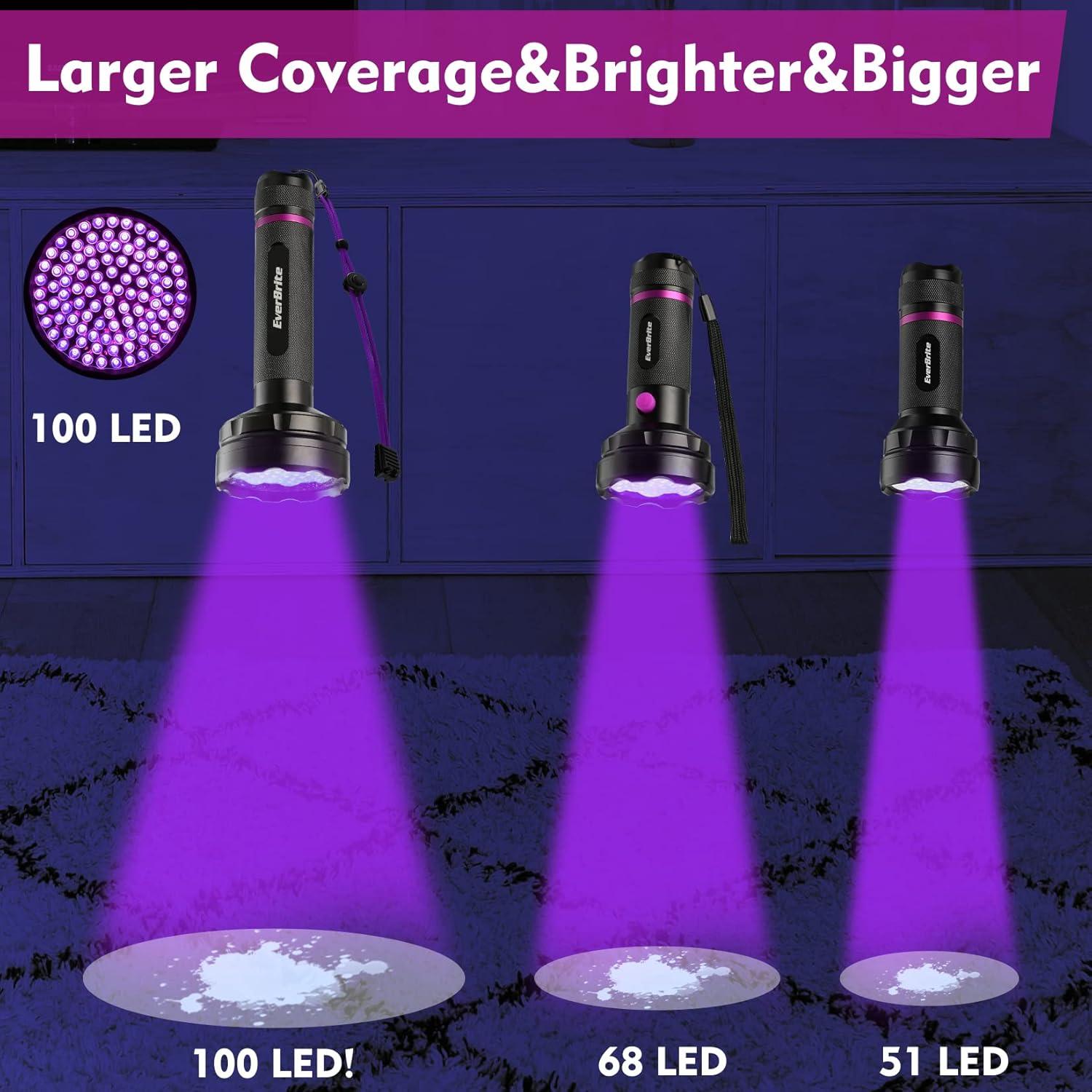 image:imageEverBrite UV Flashlight 100 LED Blacklight Flashlights 395nm Black Light Flashlight for Pet Urine Detection Scorpions Dry Stains Bed Bug Batteries Included