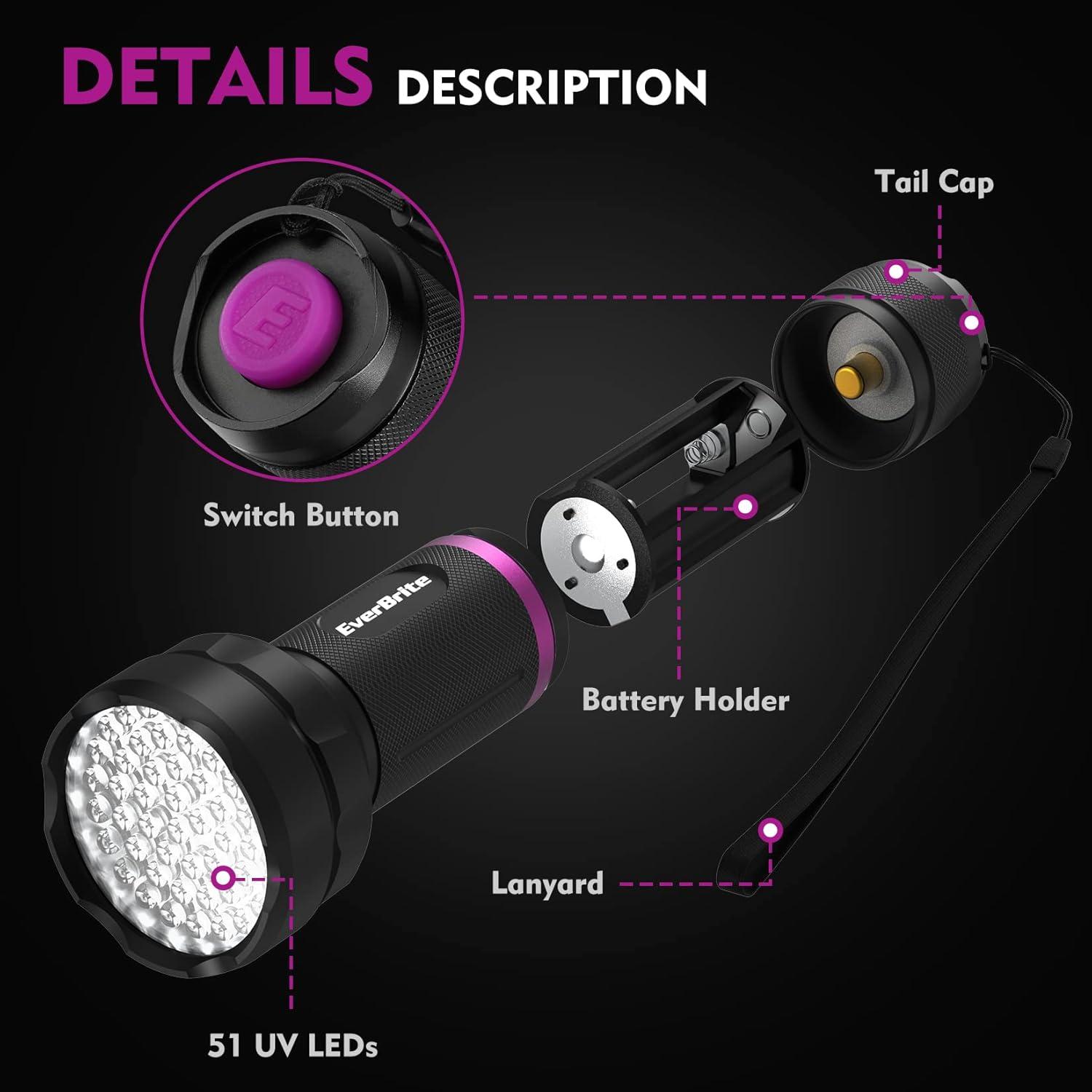 image:imageEverBrite UV Flashlight 51 LED Blacklight Flashlights 395nm Black Light Flashlight for Pet Urine Detection Scorpions Dry Stains Bed Bug Batteries Included