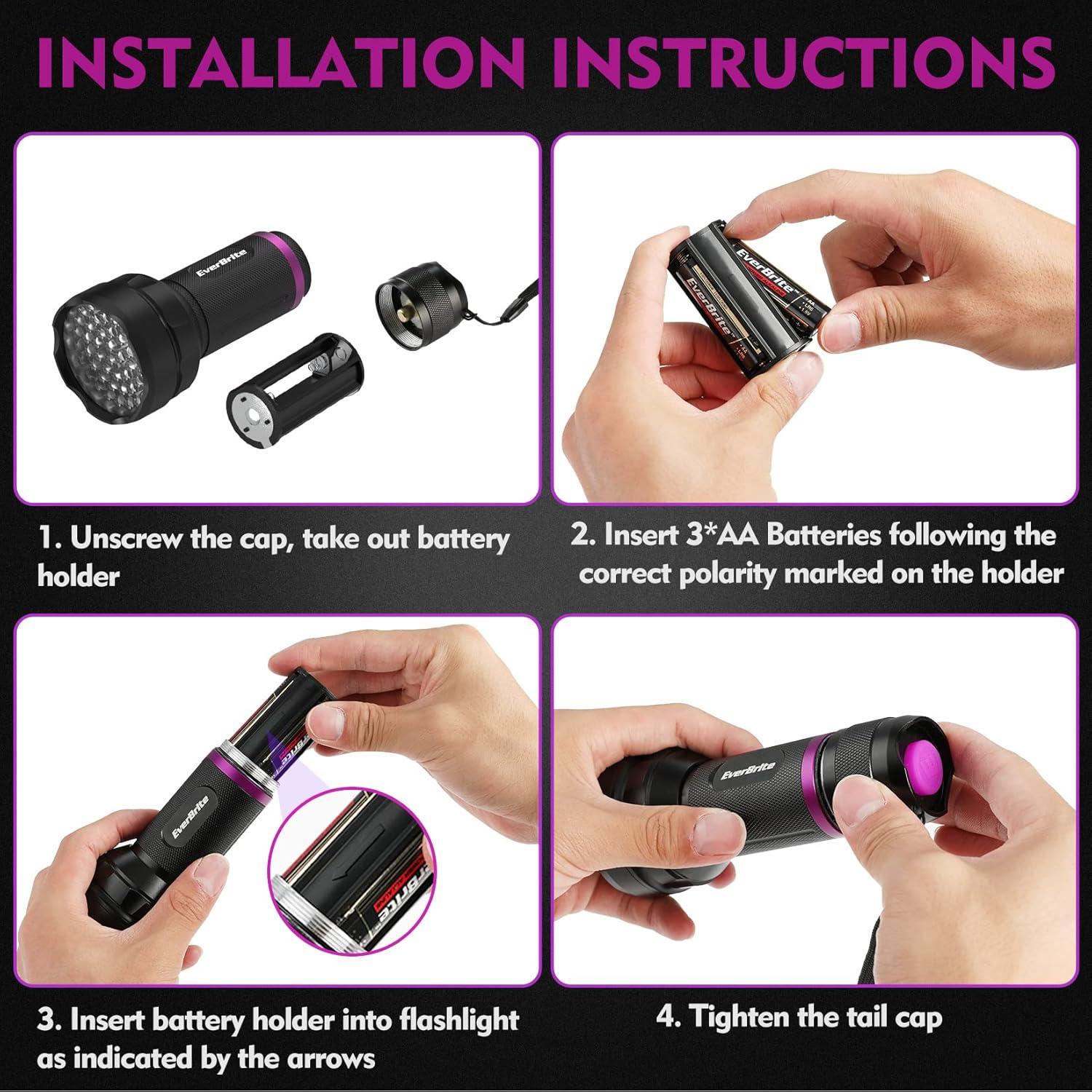 image:imageEverBrite UV Flashlight 51 LED Blacklight Flashlights 395nm Black Light Flashlight for Pet Urine Detection Scorpions Dry Stains Bed Bug Batteries Included