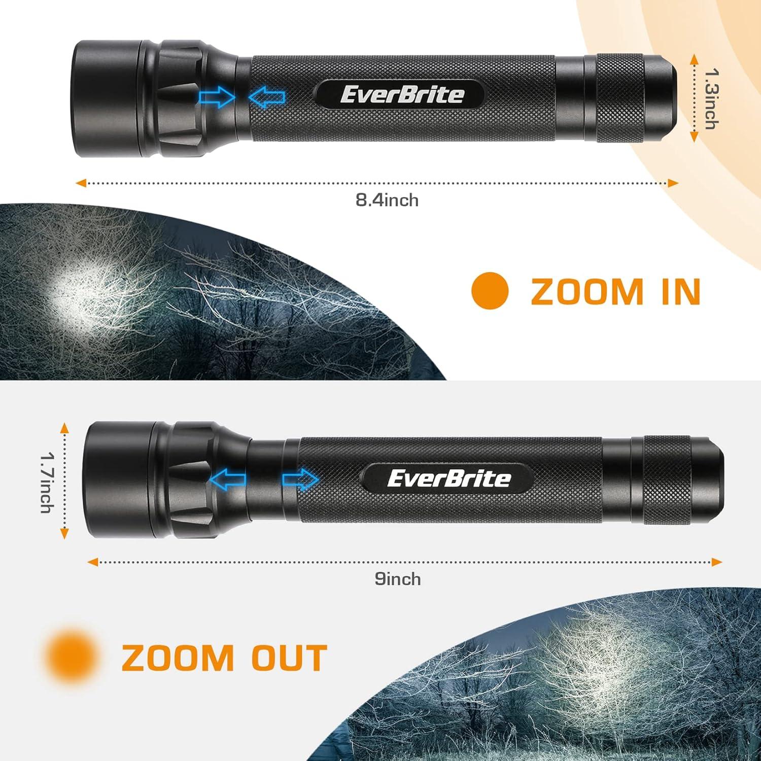 image:imageEverBrite Ultra Bright Tactical Flashlight 600 Lumen Zoomable Adjustable Focus 4 Light Modes HeavyDuty Aluminum Flashlight for Hurricane Supplies Camping 3C Alkaline Batteries Included