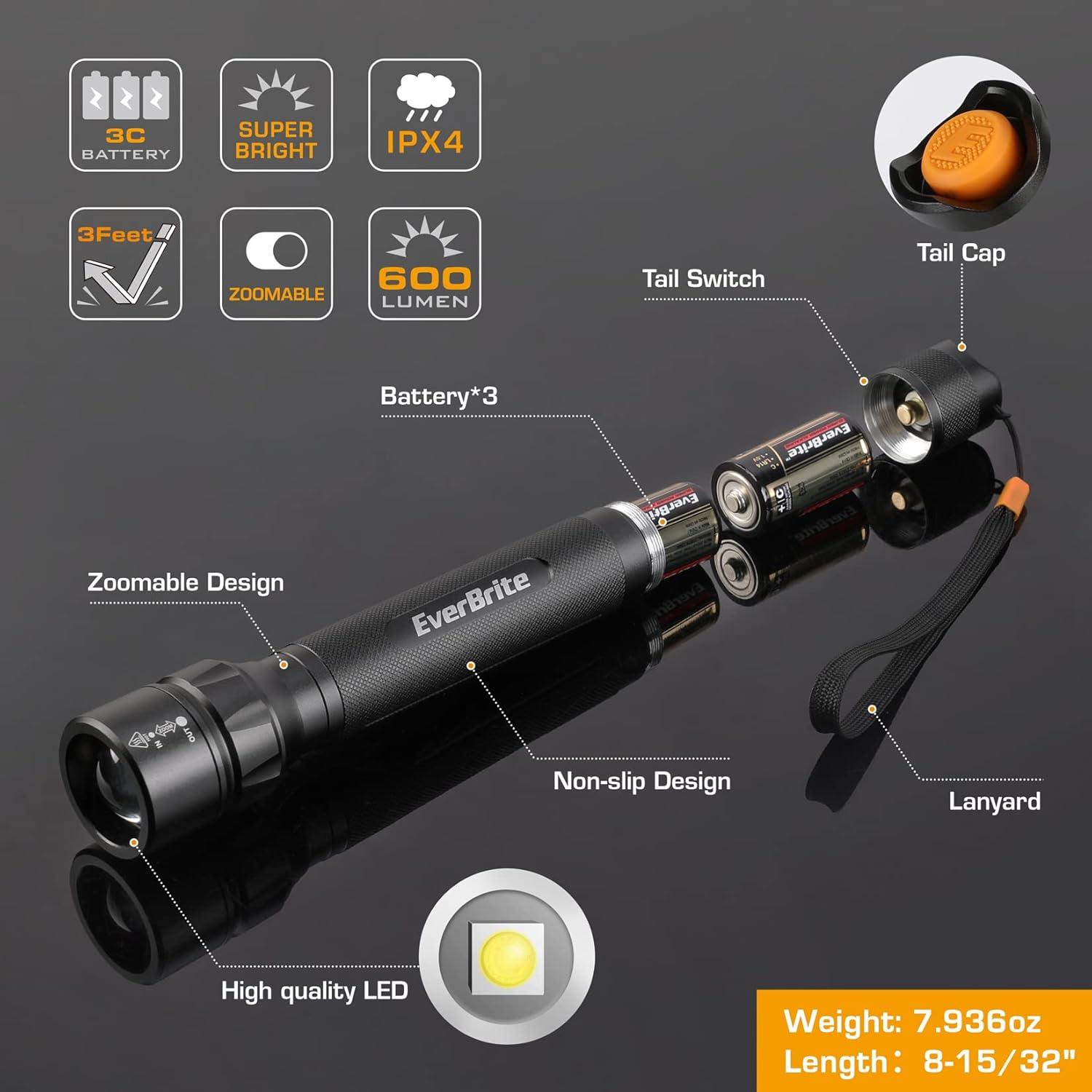 image:imageEverBrite Ultra Bright Tactical Flashlight 600 Lumen Zoomable Adjustable Focus 4 Light Modes HeavyDuty Aluminum Flashlight for Hurricane Supplies Camping 3C Alkaline Batteries Included