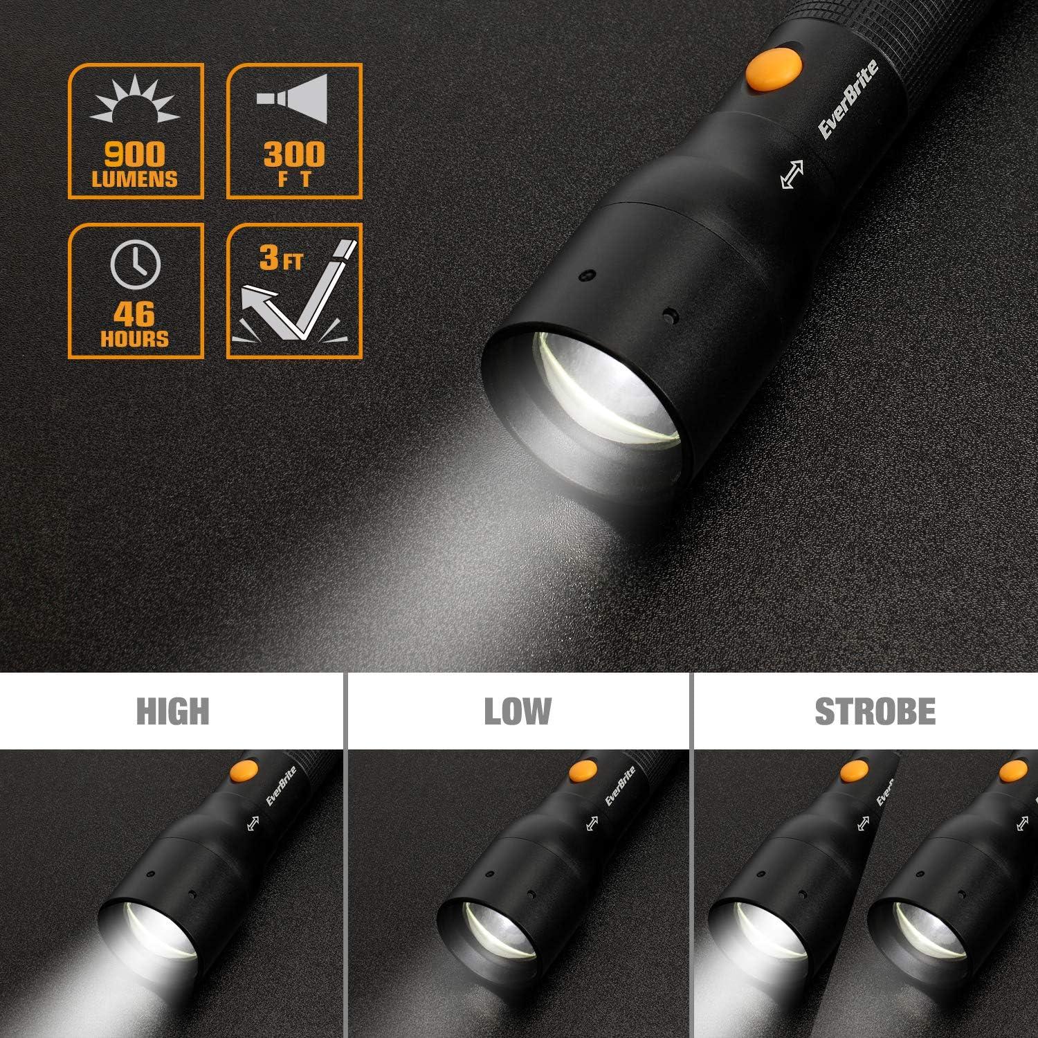 image:imageEverBrite Ultra Bright Tactical Flashlight 900 Lumen Zoomable Adjustable Focus 3 Light Modes HeavyDuty Aluminum Torch for Hurricane Supplies Camping Includes 3C Alkaline BatteriesBlack