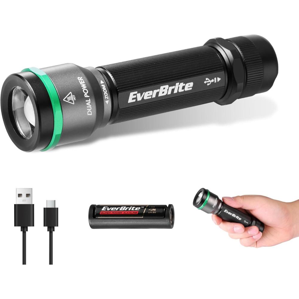 image:imageEverBrite 1000LM Small Flashlight 5 Modes Zoomable Flash Light Rechargeable Flashlights High Lumens Dual Power Rechargeable or AA Battery Pocket Flashlight for Home Emergency Hiking Camping