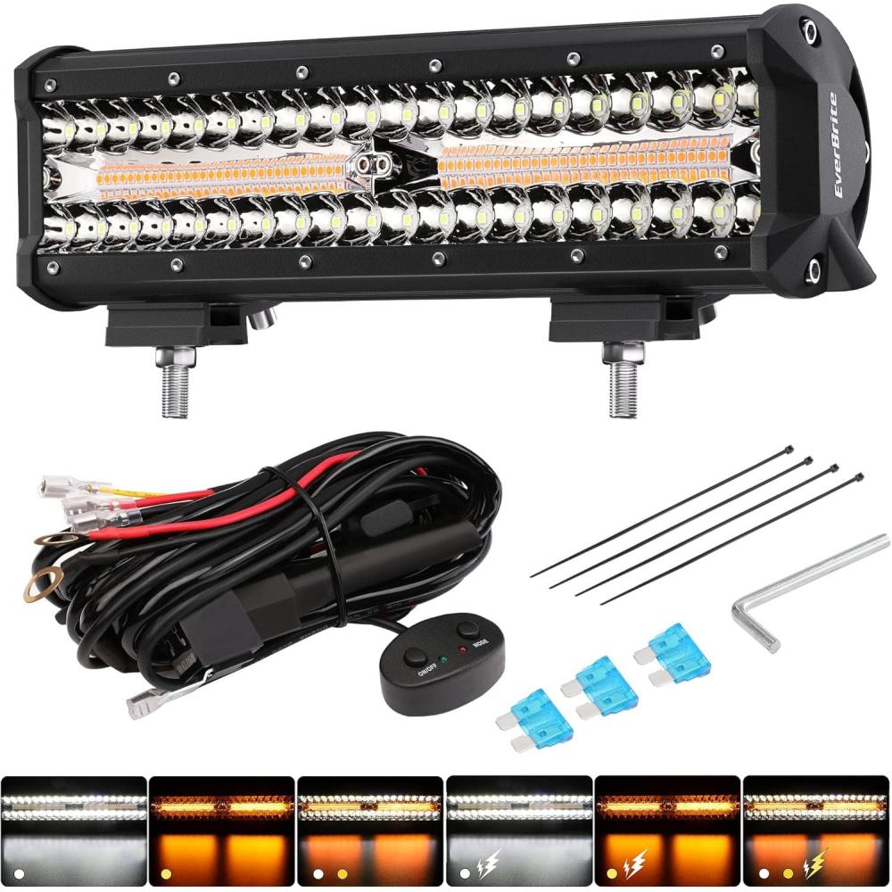 image:imageEverBrite 12 Inch 300W Light Bar Spot Flood WhiteAmberStrobe 6 Modes with Memory Function Off Road Fog Driving Work Light for Truck Car with 16AWG Wiring Harness Kit