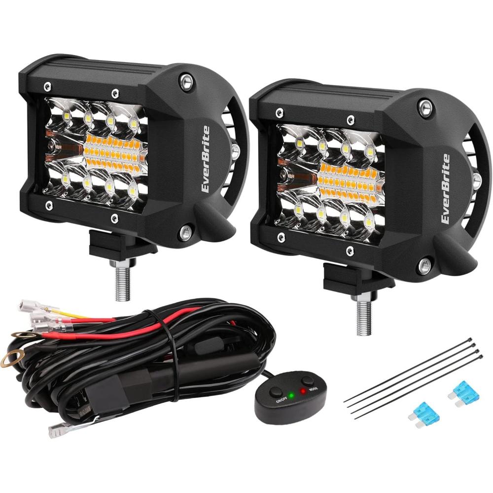 image:imageEverBrite 2PCS 4 Inch 60W Led Pods Off Road Light Pods White Amber Strobe 6 Modes with Memory Function 12V Led Lights for Trucks Car ATV SUV Cabin Boat 16AWG Wiring Harness Kit