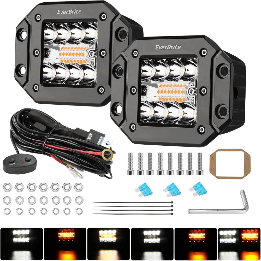 image:imageEverBrite 2PCS 48W Led Light Pods Flush Mount Spot Flood White Amber Strobe 6 Modes with Memory Function Off Road Fog Driving Light for Truck Car ATV SUV Cabin 16AWG Wiring Harness Kit 2 Leads