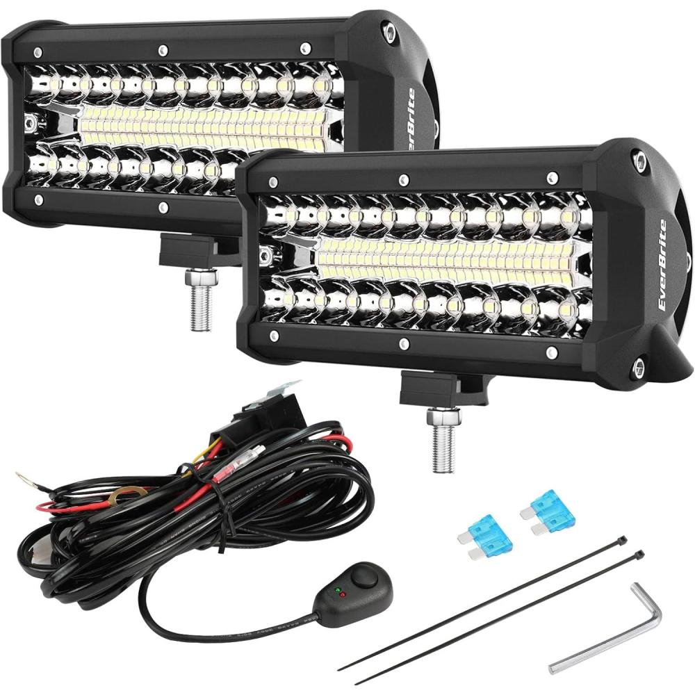 image:imageEverBrite 2PCS 7 Inch 150W Light Bar Spot Flood Off Road Fog Driving Work Light for Truck Car ATV SUV Cabin Boat with 16AWG Wiring Harness Kit 2 Leads