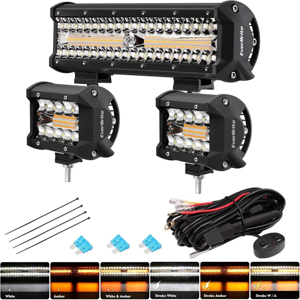 image:imageEverBrite 300W 12 Inch Light Bar amp 2PCS 60W 4 Inch Led Pods White Amber Strobe 6 Modes with Memory Function Off Road 12V Led Lights for SUVs Trucks 16AWG Wiring Harness Kit