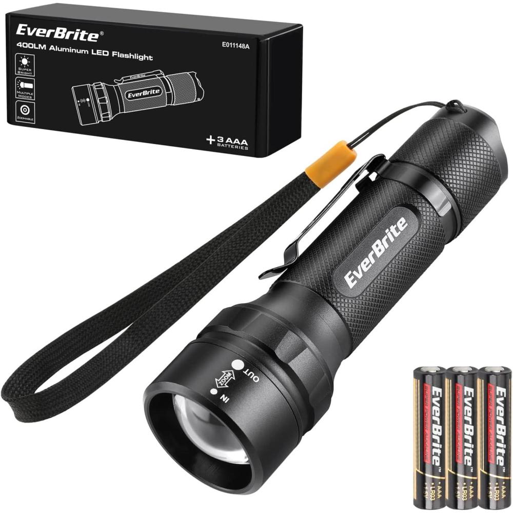 image:imageEverBrite 400 Lumens Aluminum LED Flashlight Zoomable Flashlight with LanyardampClip 4 Modes IPX4 Waterproof for Camping Hiking Emergency EDC Survival Use Batteries Included