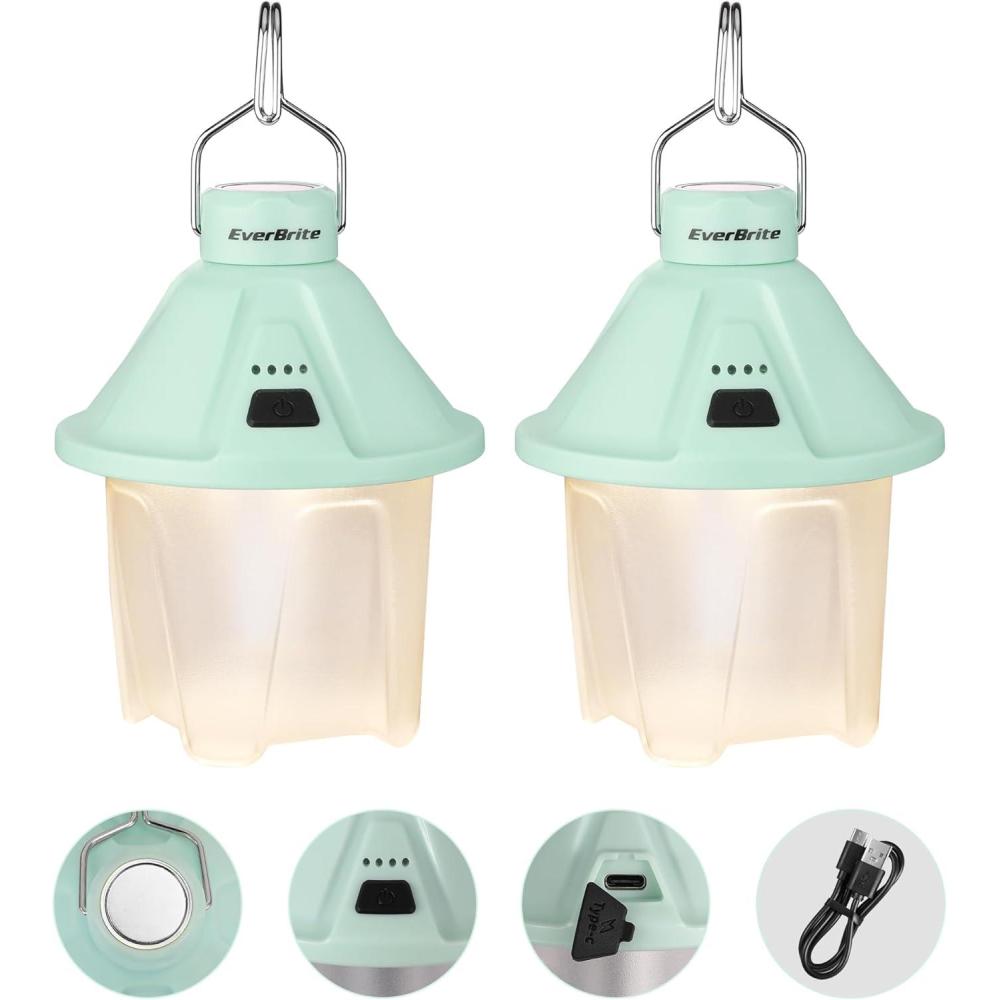 image:imageEverBrite 450LM Camping Lantern USB C Rechargeable Camping Lantern with Magnetic TopampHanging Hook 5 Lighting Modes for Christmas Decorations Camping Barbecue Hiking and Reading Pack of 2Mint Green