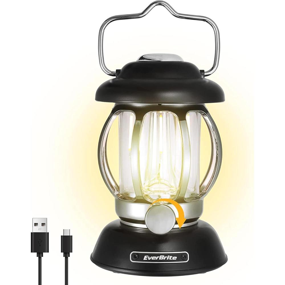 image:imageEverBrite Camping Lantern Rechargeable Retro Metal Camping Light 4400mAh Battery Powered Hanging Vintage Camping Lamp 3 Light Modes Outdoor Tent Light Emergency Lantern for Power Outage Black