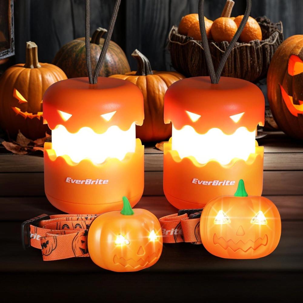 image:imageEverBrite Halloween Pumpkin Lantern and Headlamp Set2 of Each Collapsible Outdoor Lantern with Lanyard2 Modes LED Pumpkin Head LampHalloween Gifts for Halloween Party Decoration Battery Included