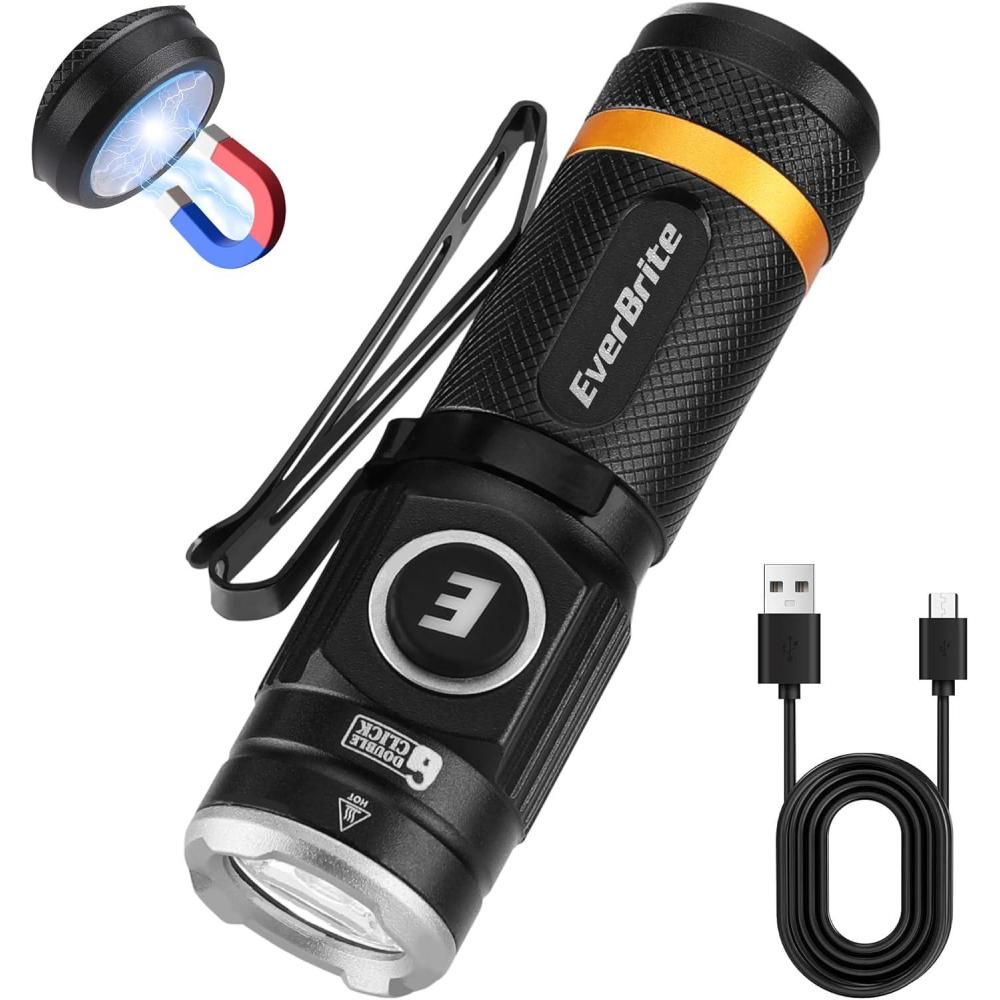 image:imageEverBrite Mini Flashlight Rechargeable Flashlight with USB C Cable 5 Light Modes Pocket Flashlight 500 Lumens Magnetic Flashlight with Clip for Repair Outdoors Emergency