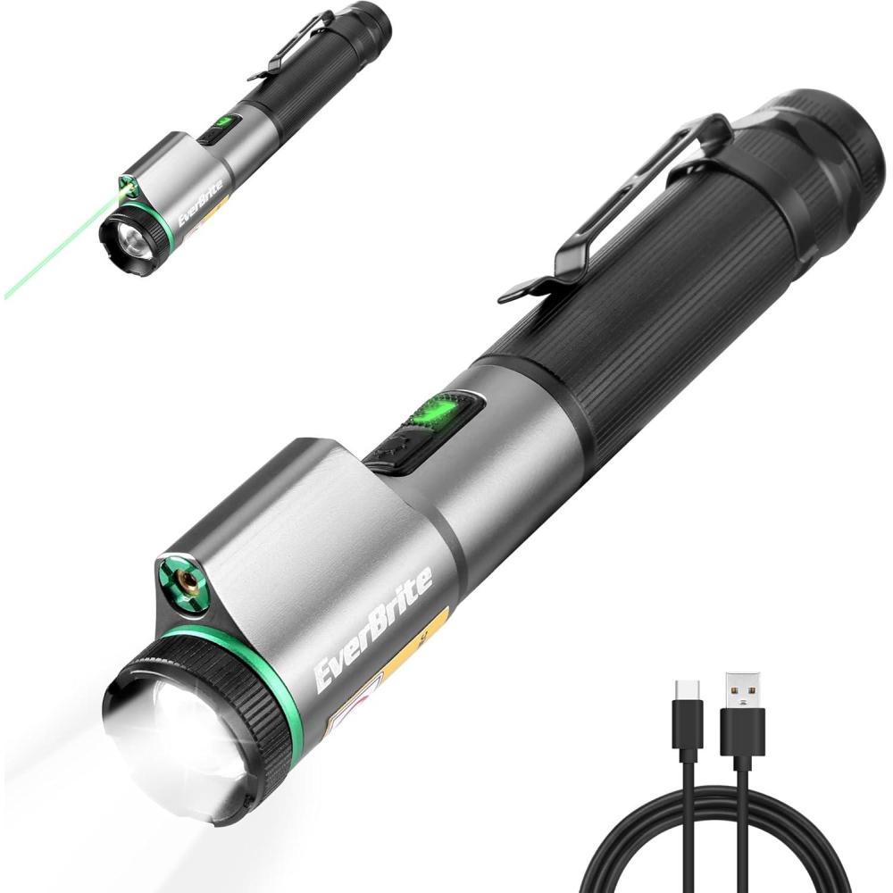 image:imageEverBrite Rechargeable EDC Flashlight with White Light and Green Beam 500 Lumens Zoomable LED Flash Light Magnetic Work Light with Pocket Clip and USBC Cable for Repair Working Camping Emergency