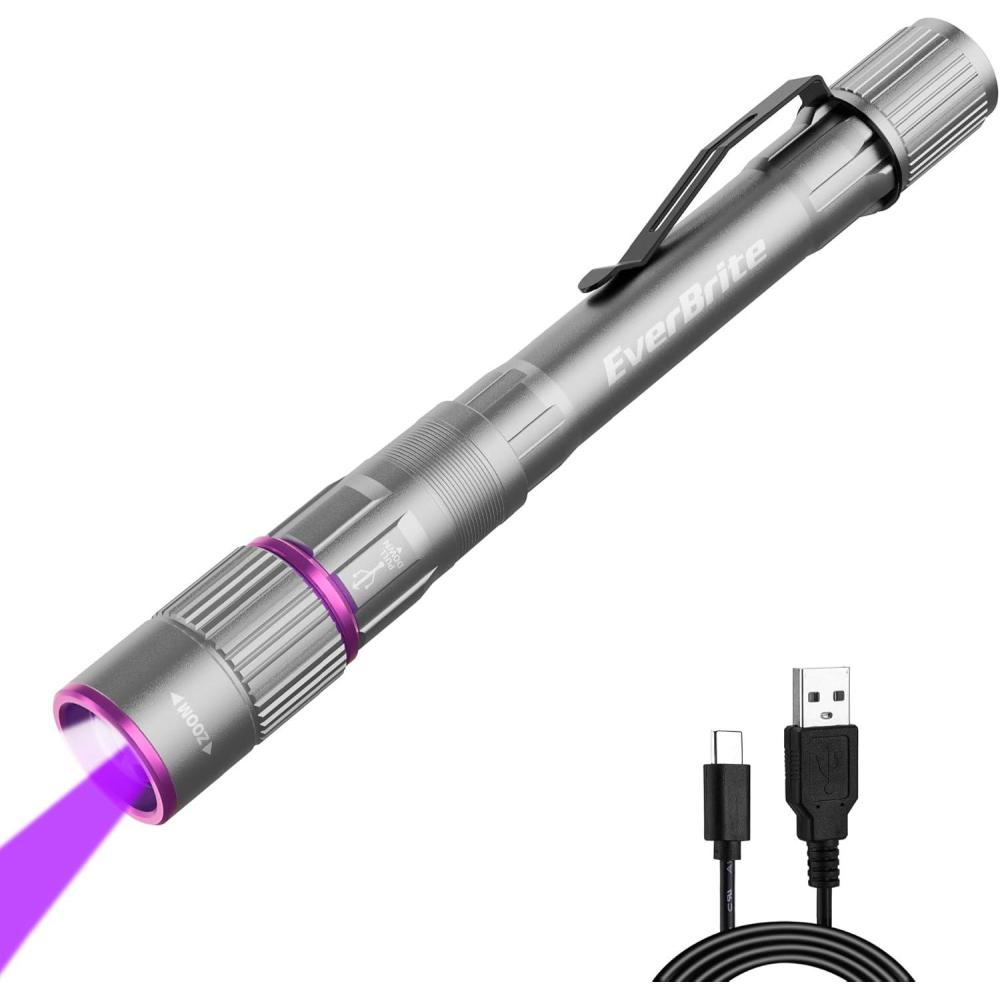 image:imageEverBrite Rechargeable Pen Flashlight with UV Light and White Light 395nm Black Flashlight with Clip Zoomable 4 Modes with Memory Function USB C Cable for Camping Emergency Pet Urine DetectionGray