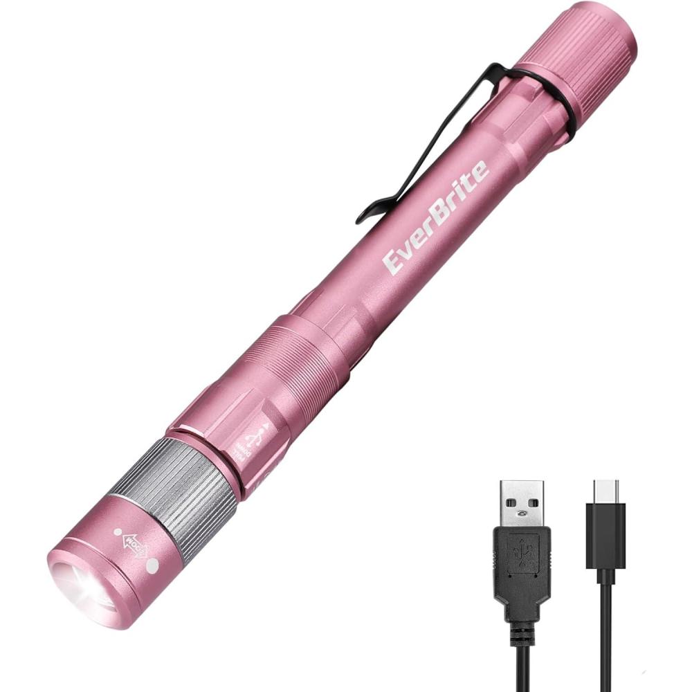 image:imageEverBrite Rechargeable Pen Light 300 Lumens EDC Flashlight Zoomable LED Pocket Flashlight with Clip Memory Function and USB C Cable Included for Camping Emergency GrayPink