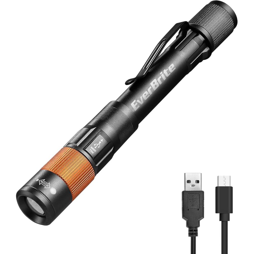 image:imageEverBrite Rechargeable Pen Light 300 Lumens EDC Flashlight Zoomable LED Pocket Flashlight with Clip Memory Function and USB C Cable Included for Camping Emergency GrayCharcoal Black