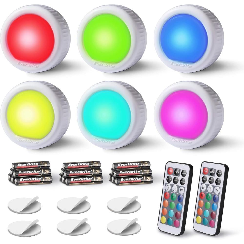 image:imageEverBrite Tap Light LED Puck Lights Wireless Push Lights Remote Controlled Closet Lights with 12 RGB Colors Perfect for Under Cabinet Closets Pantry with 18 AAA Batteries 6Pack6