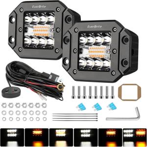 EverBrite 2PCS 48W Led Light Pods Flush Mount, Spot Flood White Amber Strobe 6 Modes with Memory Function, Off Road Fog Driving Light for Truck Car ATV SUV Cabin, 16AWG Wiring Harness Kit- 2 Leads