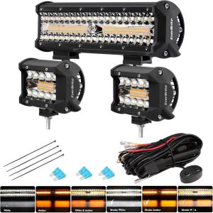 EverBrite 300W 12 Inch Light Bar & 2PCS 60W 4 Inch Led Pods, White Amber Strobe 6 Modes with Memory Function, Off Road 12V Led Lights for SUVs, Trucks, 16AWG Wiring Harness Kit