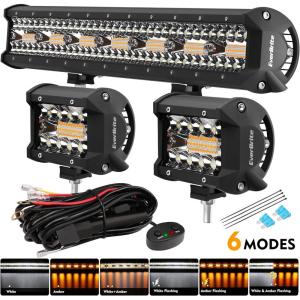 EverBrite 420W 20 Inch Led Pods, 2PCS 60W 4 Inch Led Pods, White Amber Strobe 6 Modes with Memory Function, Off Road 12V Led Lights for Trucks Car ATV SUV Cabin Boat, 16AWG Wiring Harness Kit