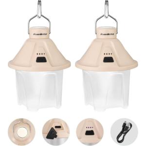EverBrite 450LM Camping Lantern, USB C Rechargeable Camping Lantern with Magnetic Top&Hanging Hook, 5 Lighting Modes, for Christmas Decorations, Camping, Barbecue, Hiking and Reading, Pack of 2(Khaki)
