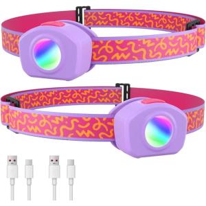 EverBrite LED Headlamp Rechargeable Kids Headlamp with RGB Mode and Adjustable Headband, 3 Modes Multicolor Headlamp for Camping, Reading, Exploring, Halloween, Christmas(Sweety 2 Pack)