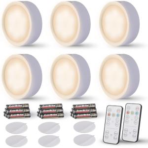 EverBrite Puck Lights with Remote, Wireless LED Battery Operated, Under Cabinet Timer, Stick on Light, Closet Light Dimmable for Closet, Bedroom, Included (6-Pack)(White)