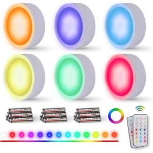 EverBrite Puck Lights with Remote, Wireless LED Battery Operated, Under Cabinet Timer, Stick on Light, Closet Light Dimmable for Closet, Bedroom, Included (6-Pack)(Multicolor)