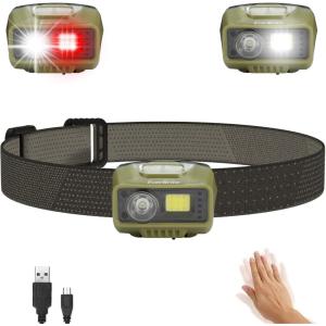 EverBrite Rechargeable Headlamp, LED Bright Motion Sensor Head Lamp Flashlight with 9 Modes, Adjustable Headlight for Adults with White Red Light, Water Resistant, Khaki, for Hiking, Running, Camping(Green)