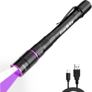 EverBrite Rechargeable Pen Flashlight with UV Light and White Light, 395nm Black Flashlight with Clip, Zoomable 4 Modes with Memory Function, USB C Cable, for Camping, Emergency, Pet Urine Detection(Black)