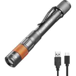 EverBrite Rechargeable Pen Light, 300 Lumens EDC Flashlight, Zoomable LED Pocket Flashlight with Clip, Memory Function and USB C Cable Included, for Camping, Emergency, Gray(Gray)