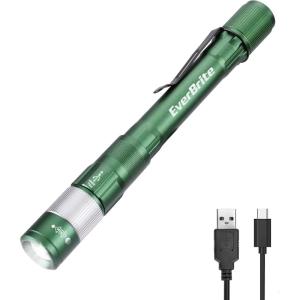 EverBrite Rechargeable Pen Light, 300 Lumens EDC Flashlight, Zoomable LED Pocket Flashlight with Clip, Memory Function and USB C Cable Included, for Camping, Emergency, Gray(Green)