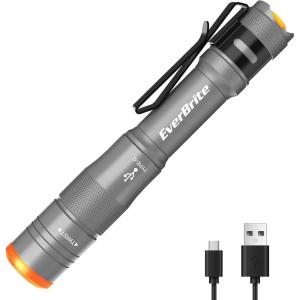 EverBrite Rechargeable Pen Light, 300 Lumens EDC Flashlight, Zoomable LED Pocket Flashlight with Clip, Memory Function and USB C Cable Included, for Camping, Emergency, Gray(Gunmetal grey)