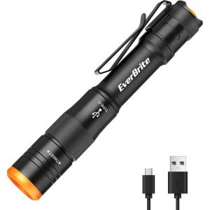 EverBrite Rechargeable Pen Light, 300 Lumens EDC Flashlight, Zoomable LED Pocket Flashlight with Clip, Memory Function and USB C Cable Included, for Camping, Emergency, Gray(Black)