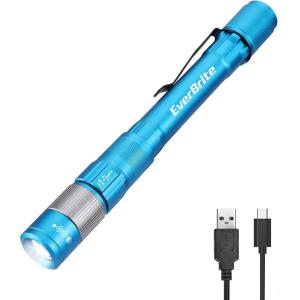 EverBrite Rechargeable Pen Light, 300 Lumens EDC Flashlight, Zoomable LED Pocket Flashlight with Clip, Memory Function and USB C Cable Included, for Camping, Emergency, Gray(Blue)