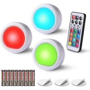 EverBrite Tap Light, LED Puck Lights, Wireless Push Lights, Remote Controlled Closet Lights with 12 RGB Colors, Perfect for Under Cabinet, Closets, Pantry, with 18 AAA Batteries, 6-Pack(3)