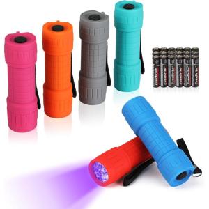 EverBrite UV Blacklight Flashlights 3-Pack Set, 9 LEDs 395nm Mini Black Light for Neon Glow Art, Class Teaching, Scorpions, Pets Stains Urine, 9 AAA Batteries Included(E000082 UV Light (6-Pack))