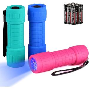 EverBrite UV Blacklight Flashlights 3-Pack Set, 9 LEDs 395nm Mini Black Light for Neon Glow Art, Class Teaching, Scorpions, Pets Stains Urine, 9 AAA Batteries Included(E007125 UV Light (3-Pack))