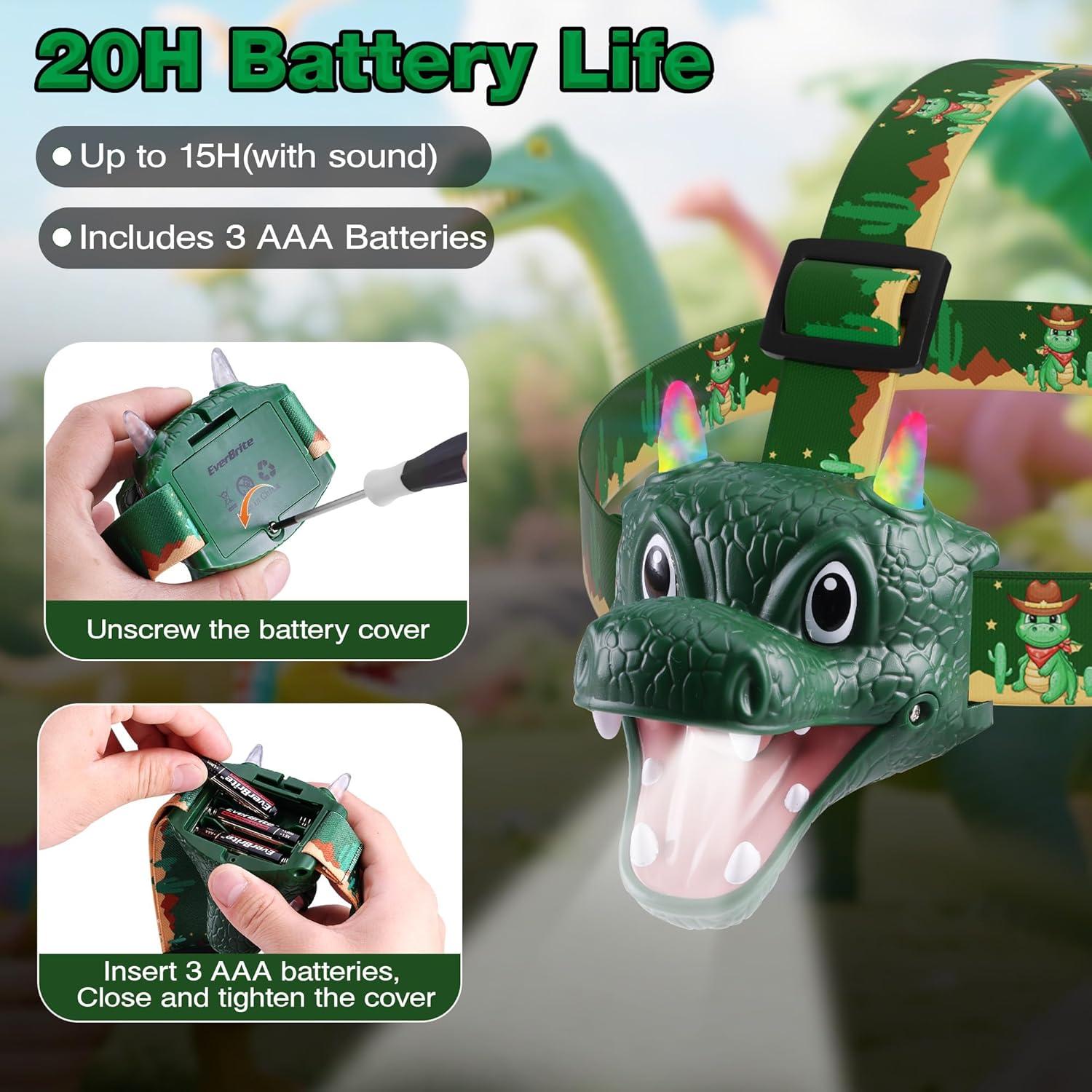 image:imageEverBrite Dinosaur LED Headlamp TRex Head Lamp with Roar amp Silent Mode Batteries Included HandsFree Headlight for Camping Hiking Night Walking Costume amp Outdoor UseDRAGON