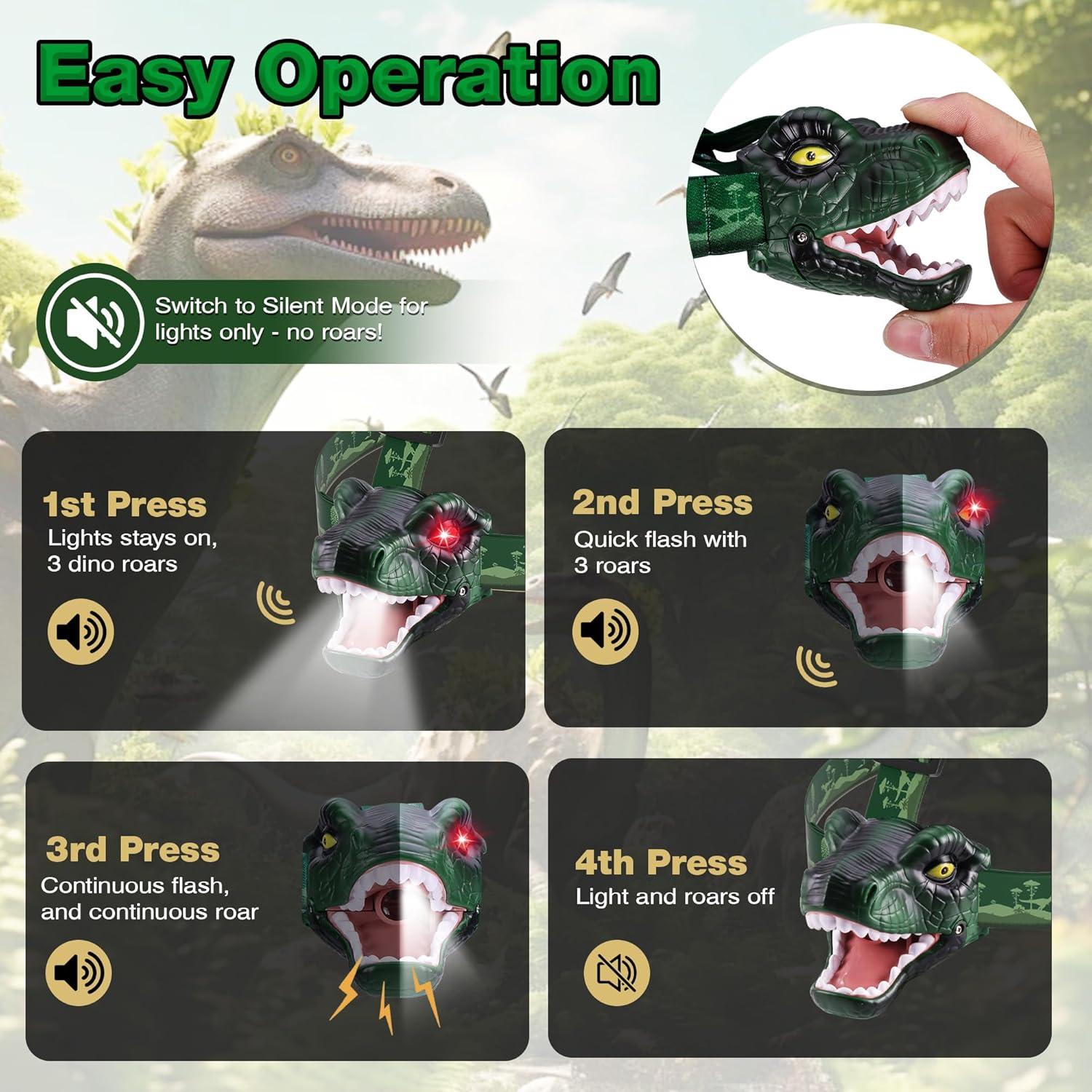 image:imageEverBrite Dinosaur LED Headlamp TRex Head Lamp with Roar amp Silent Mode Batteries Included HandsFree Headlight for Camping Hiking Night Walking Costume amp Outdoor UseDINOSAUR